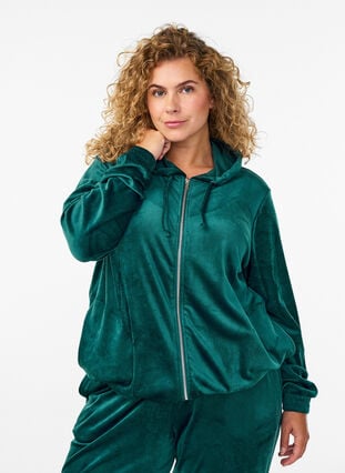 Zizzi Velour cardigan med glidelås og hette, Grønn, Model image number 0