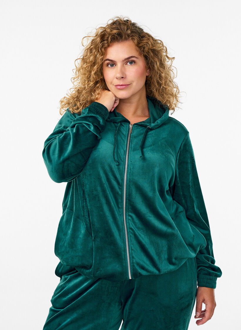 Velour cardigan med glidelås og hette, Grønn, Model image number 0