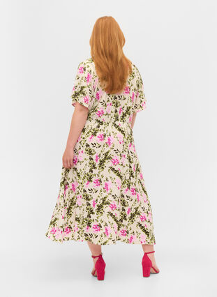 Midikjole i viskose med knappelukking, Green Pink AOP, Model image number 1