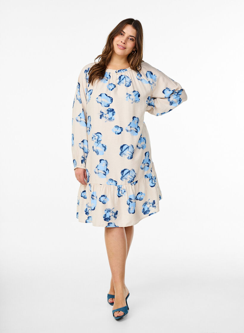 Knelang kjole med lange ermer og A-linje snitt, Off White Blue AOP, Model