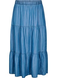 Denim maxiskj&oslash;rt med volanger, Bl&aring;