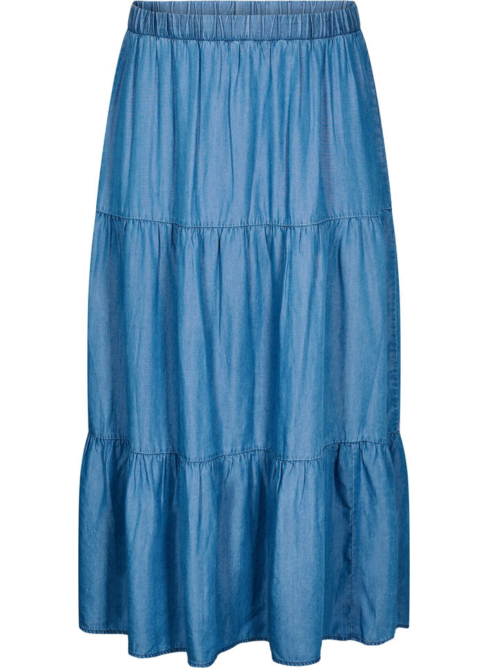 Denim maxiskj&oslash;rt med volanger, Bl&aring;, Packshot image number 0