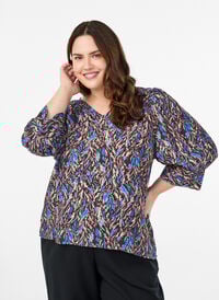 Bluse med V-hals og 3/4-ermer, Blå Bluse med V-hals og 3/4-ermer, Blå, Model