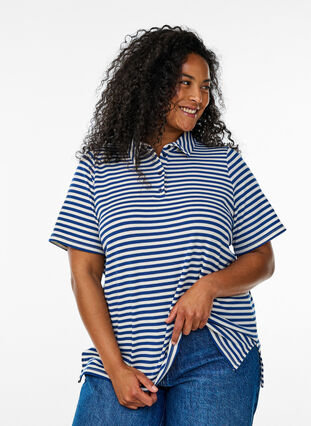 Zizzi Kortermet poloskjorte med striper, Blue Stripe, Model image number 0