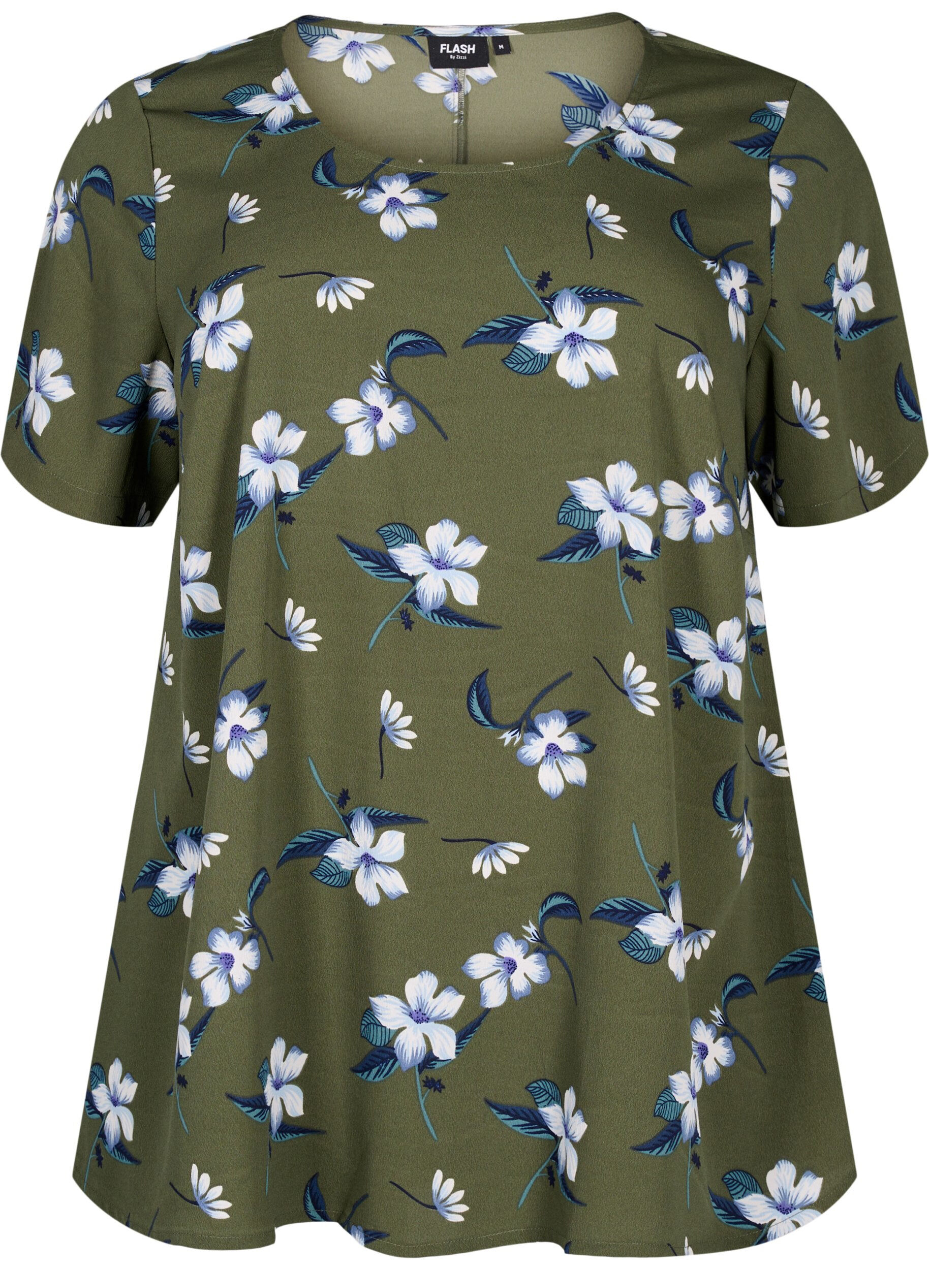 Zizzi FLASH - Bluse med korte ermer og trykk, Olive Night Flower, Packshot image number 0