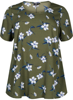 FLASH - Bluse med korte ermer og trykk, Olive Night Flower, Packshot image number 0