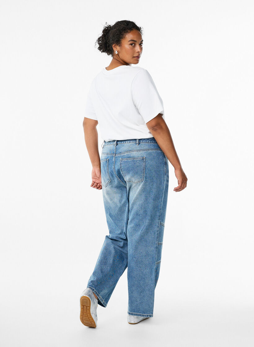 Jeans med vide ben og sømdetaljer, Blue Denim, Model
