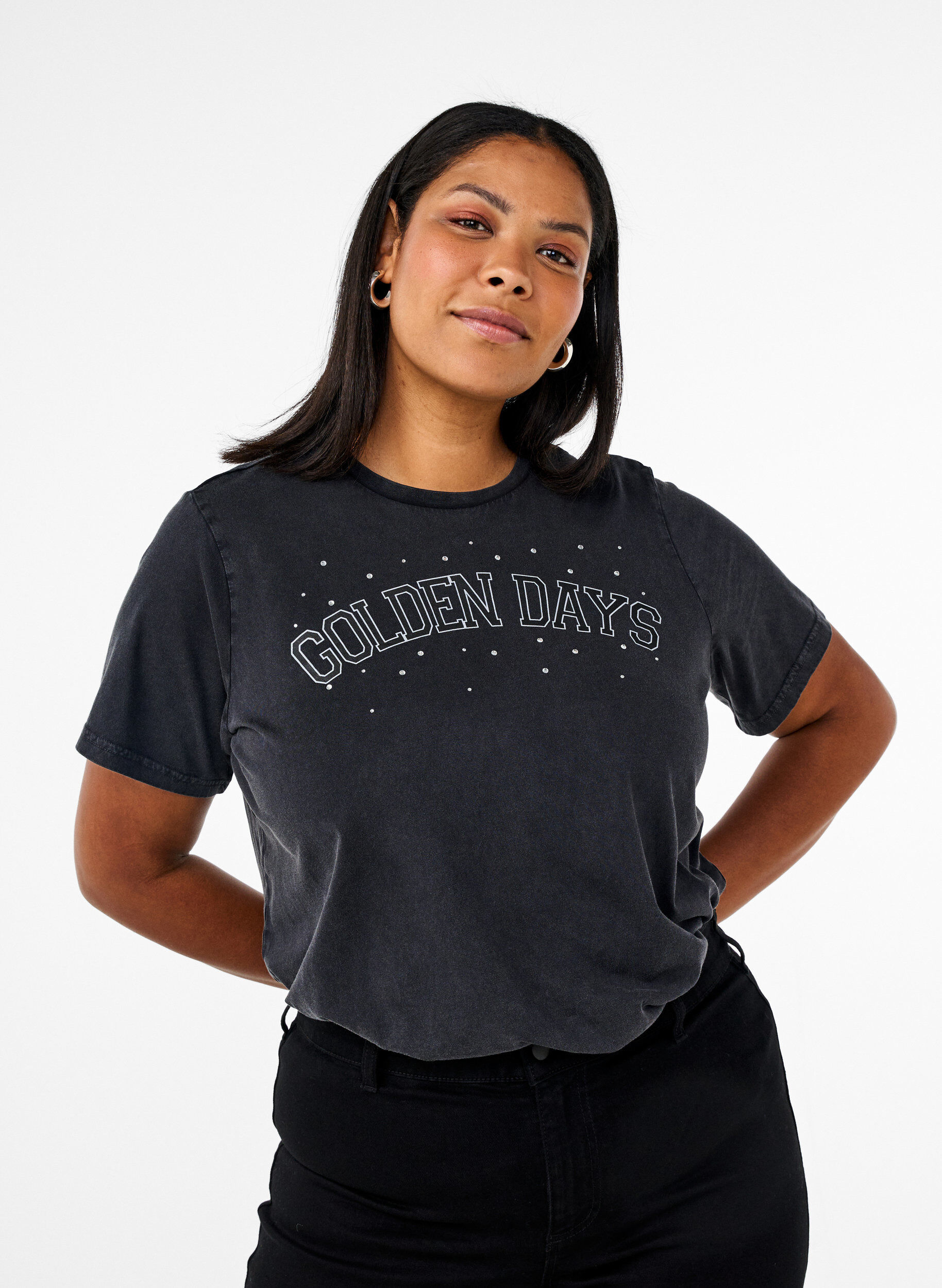 Zizzi T-skjorte i organisk bomull med grafisk trykk, Gr&aring;, Model image number 0