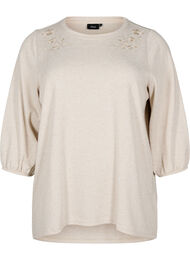 Bluse med blomsterbroderi og 3/4 ermer, Oatmeal Melange