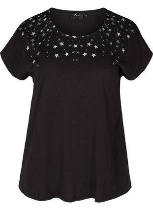 Kortermet T-skjorte i bomull med stjerner, Black STARS, Packshot image number 0