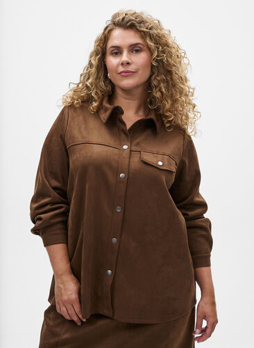 Zizzi Imitert semsket skjorte, Brun, Model image number 0