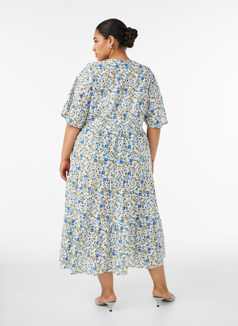 Bomullsmidikjole med blomsterprint, Bl&aring;, Model image number 1