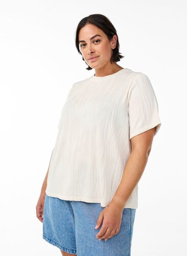 Zizzi Bluse med korte ermer og bølget tekstur, Beige, Model image number 0