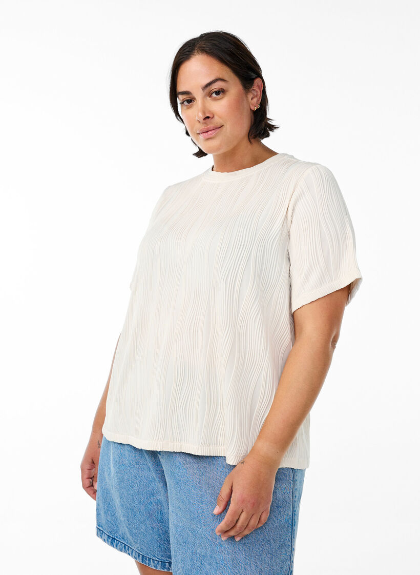 Bluse med korte ermer og bølget tekstur, Beige, Model image number 0