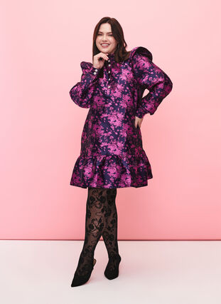 Kjole med rysjedetalj og perleknapper, Dark Blue Pink, Model image number 3