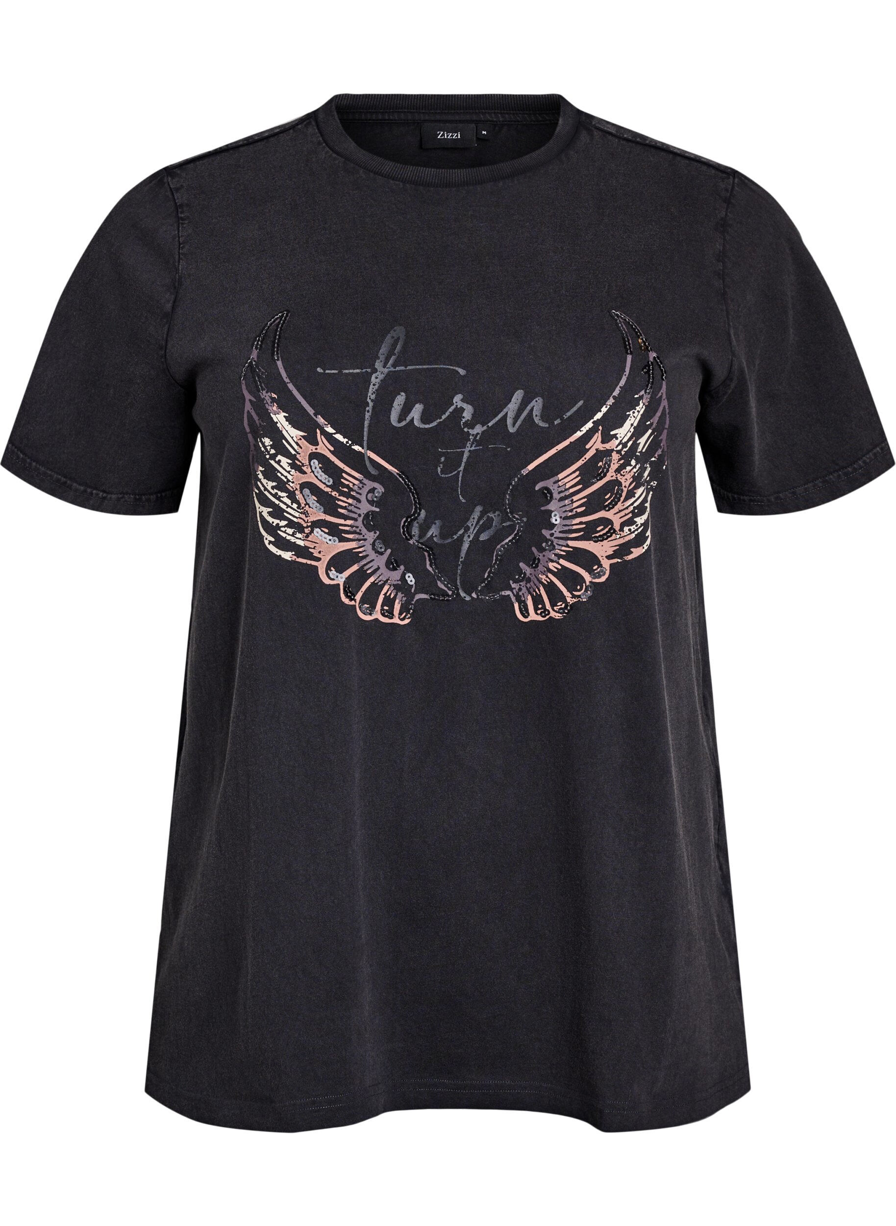 Zizzi T-skjorte i &oslash;kologisk bomull med statement-trykk, Gr&aring;, Packshot image number 0