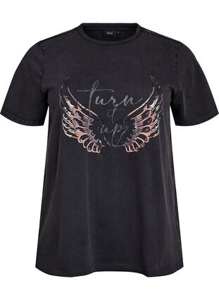 Zizzi T-skjorte i økologisk bomull med statement-trykk, Grå, Packshot image number 0