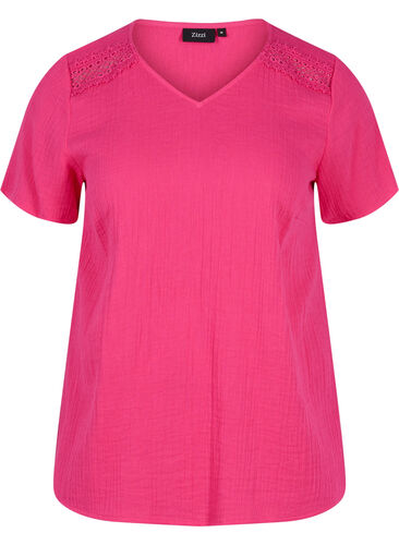 Kortermet bomullsbluse med blonder, Beetroot, Packshot image number 0