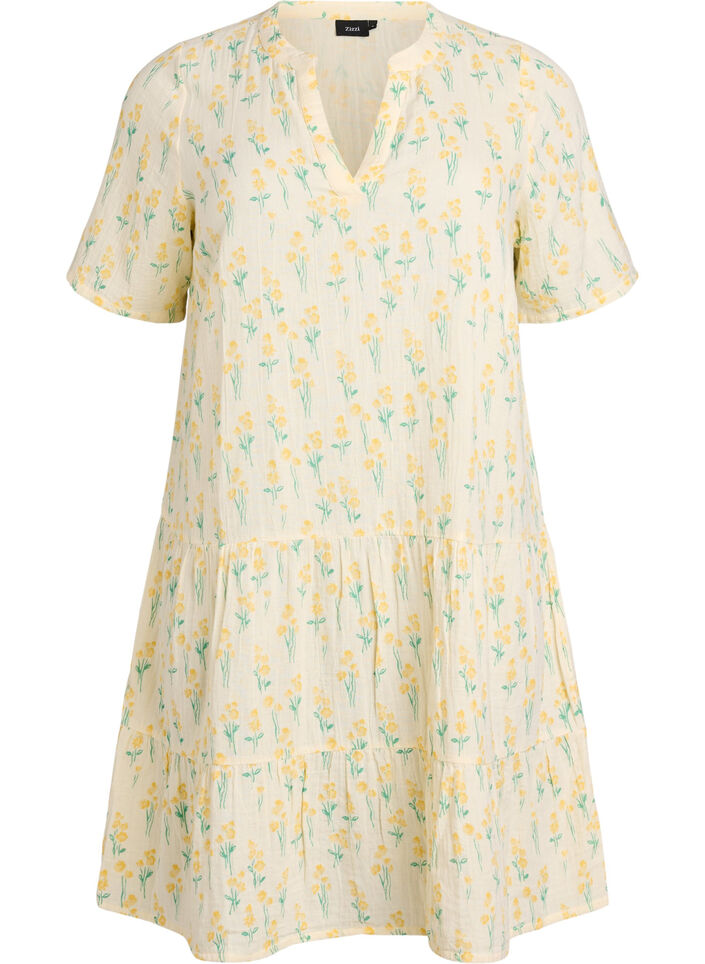 Kort A-linjekjole i bomullsmuslin, Gul, Packshot image number 0