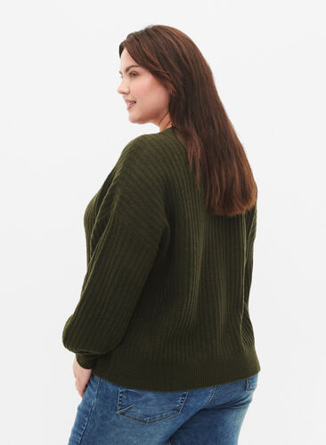 Strikket ribbestrikket cardigan med knapper, Forest Night Mel., Model image number 1