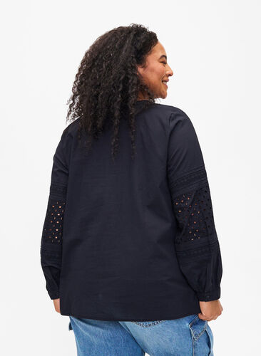 Bluse med lange ermer og dekorative detaljer, Black, Model image number 1