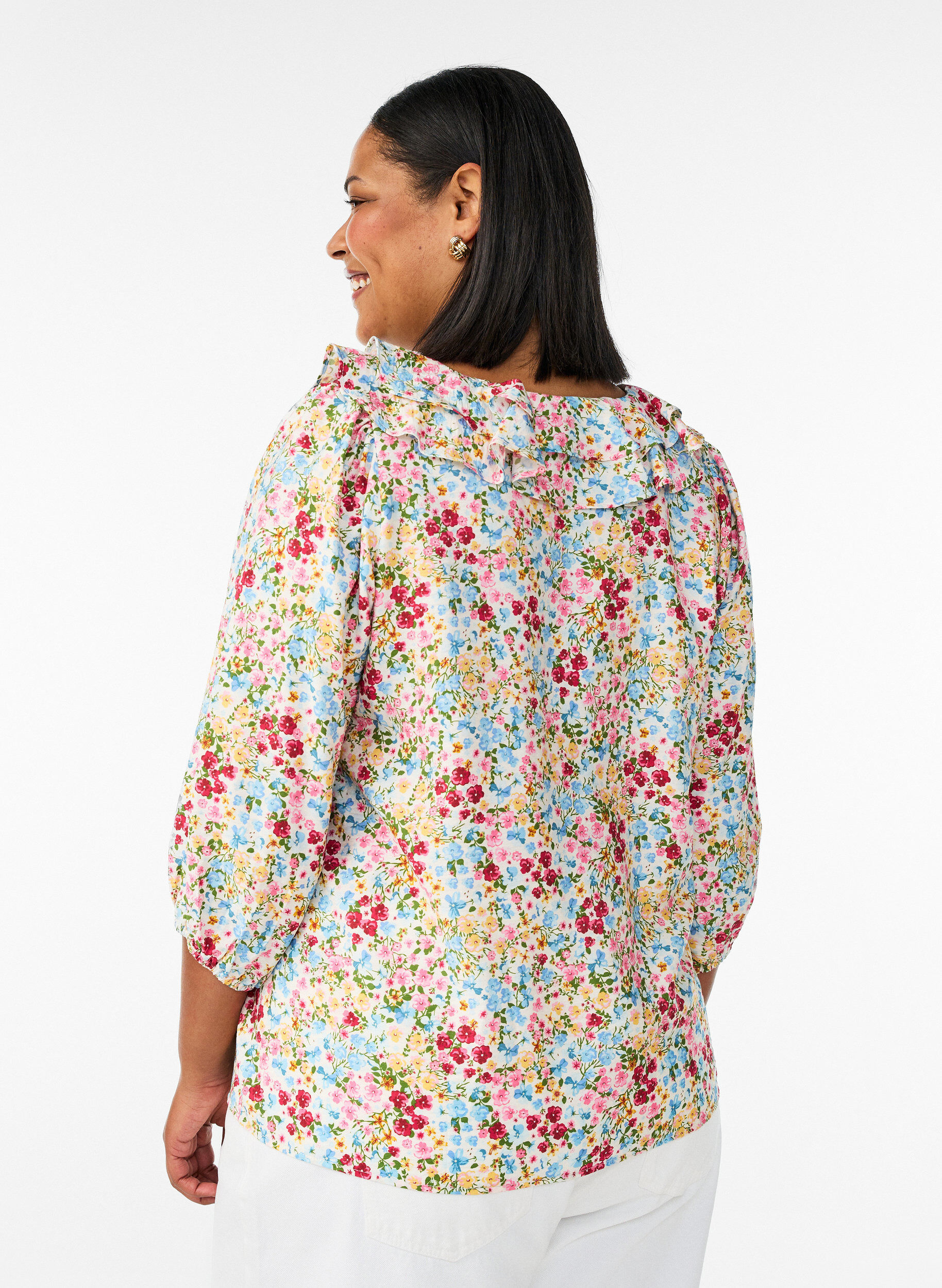 ZizziViskose bluse med blomstertrykk og 3/4 ermer, Bl&aring;, Model image number 2
