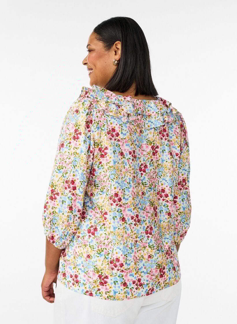Viskose bluse med blomstertrykk og 3/4 ermer, Bl&aring;, Model image number 2