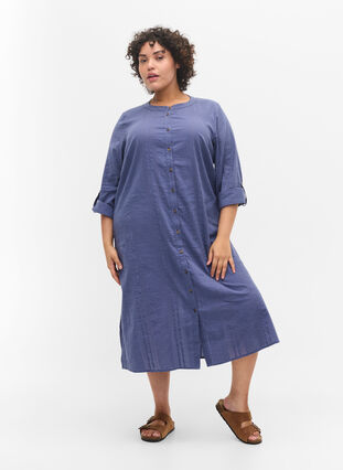 Skjortekjole i bomull med 3/4-ermer, Nightshadow Blue, Model image number 2