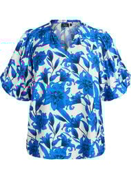 Bluse med blomstertrykk og korte ballongermer, Vanilje