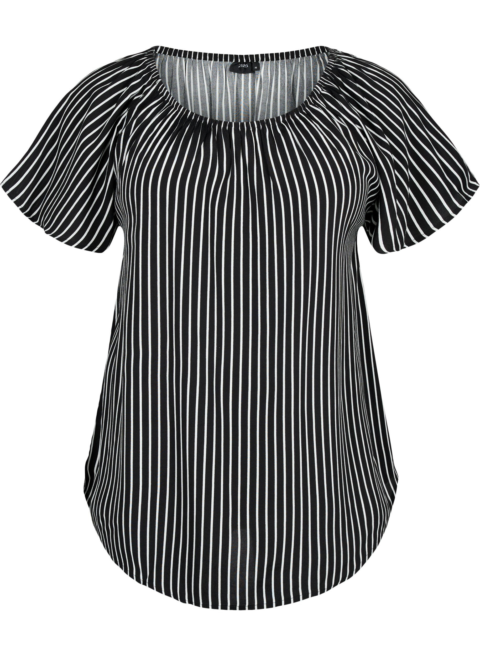 Zizzi Stripete viskosebluse med korte ermer, Black/ White Stripe, Packshot image number 0