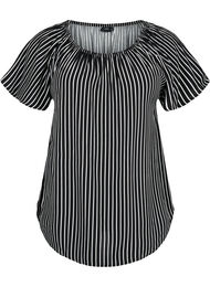 Stripete viskosebluse med korte ermer, Black/ White Stripe