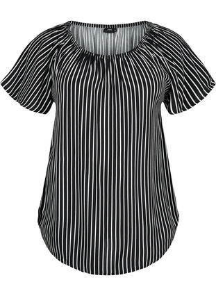 Stripete viskosebluse med korte ermer, Black/ White Stripe, Packshot image number 0