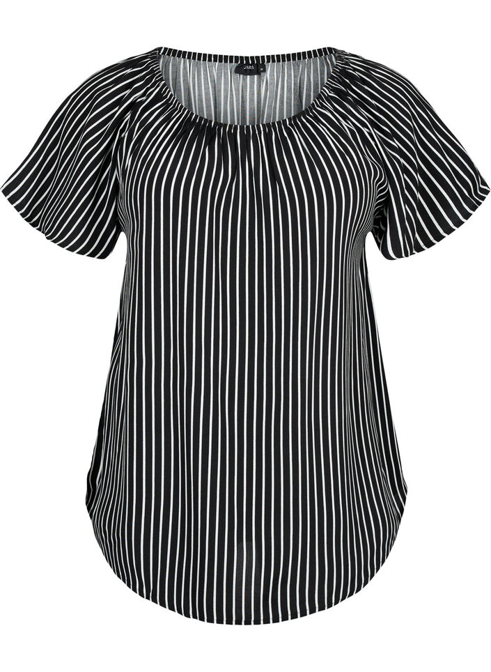 Stripete viskosebluse med korte ermer, Black/ White Stripe, Packshot image number 0