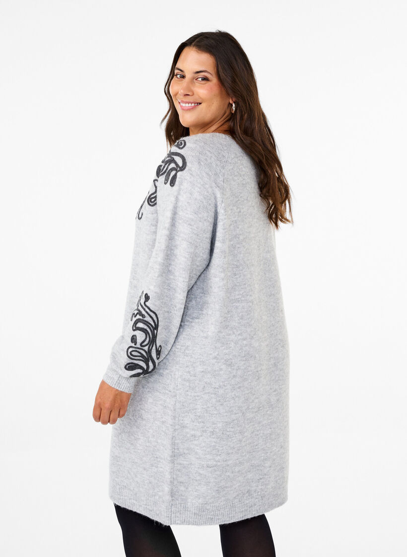 Strikket kjole med dekor, Light Grey Melange, Model image number 1
