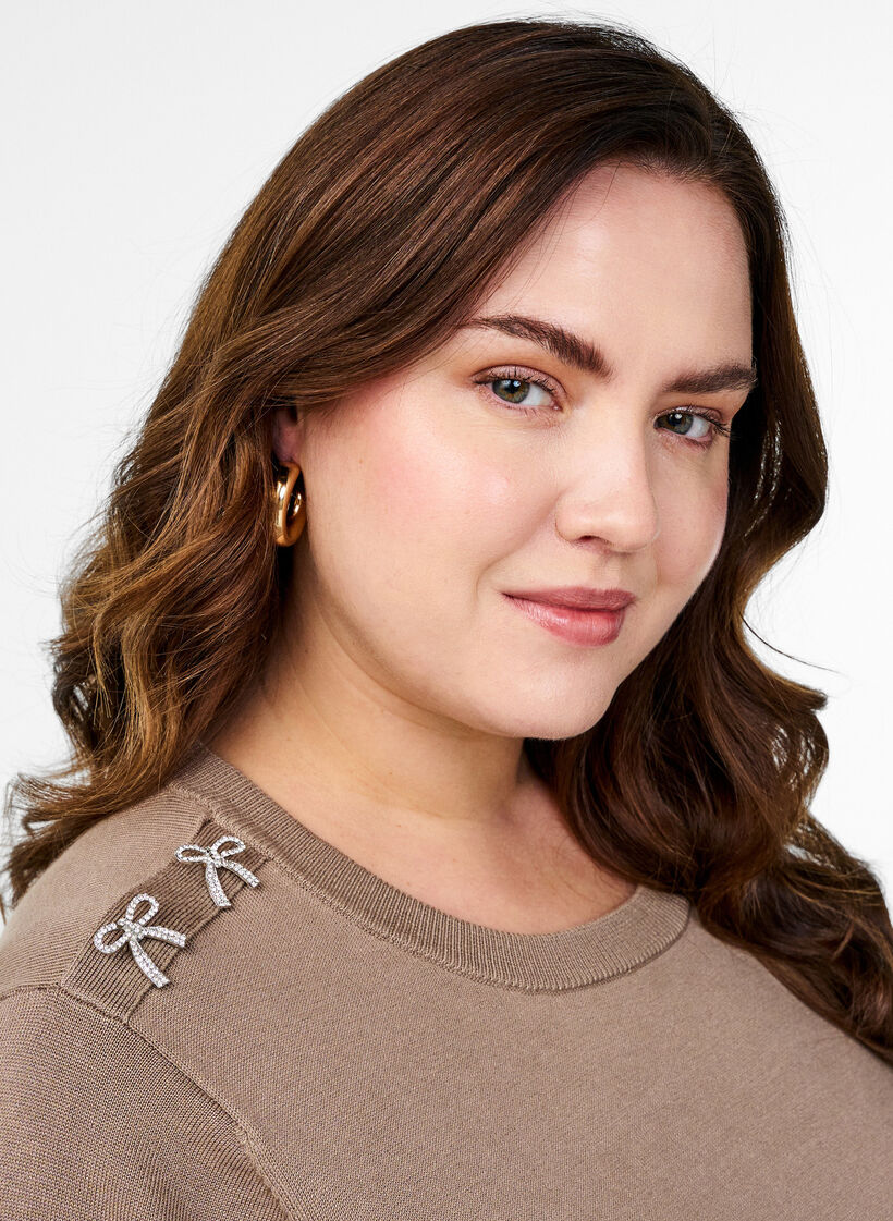 Strikket bluse med korte ermer og små sløyfer, Beige, Image image number 0