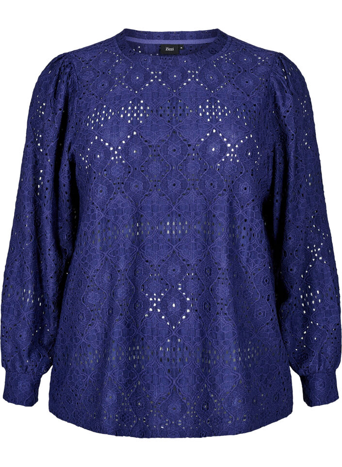 Langermet bluse med et åpentsarbeidsmønster, Lilla, Packshot image number 0