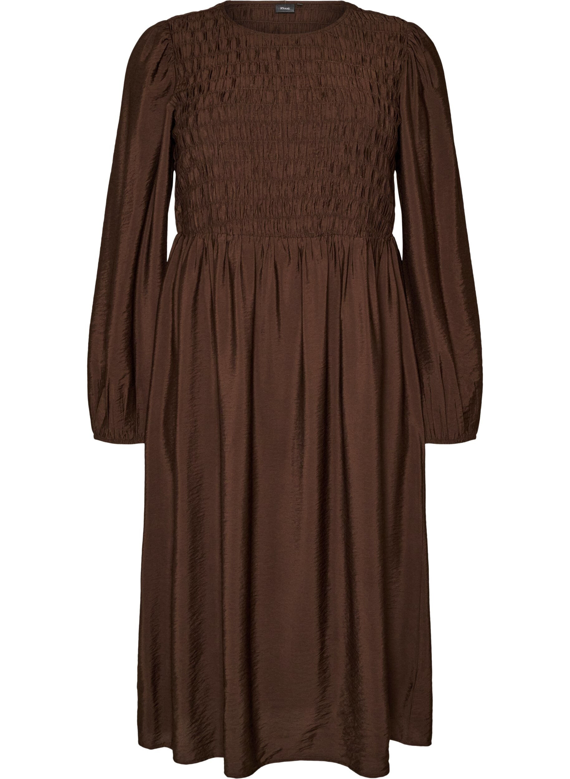 ZizziMidikjole i viskose med smocking, Brun, Packshot image number 0