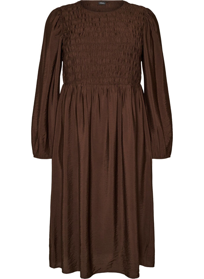 Midikjole i viskose med smocking, Brun, Packshot image number 0