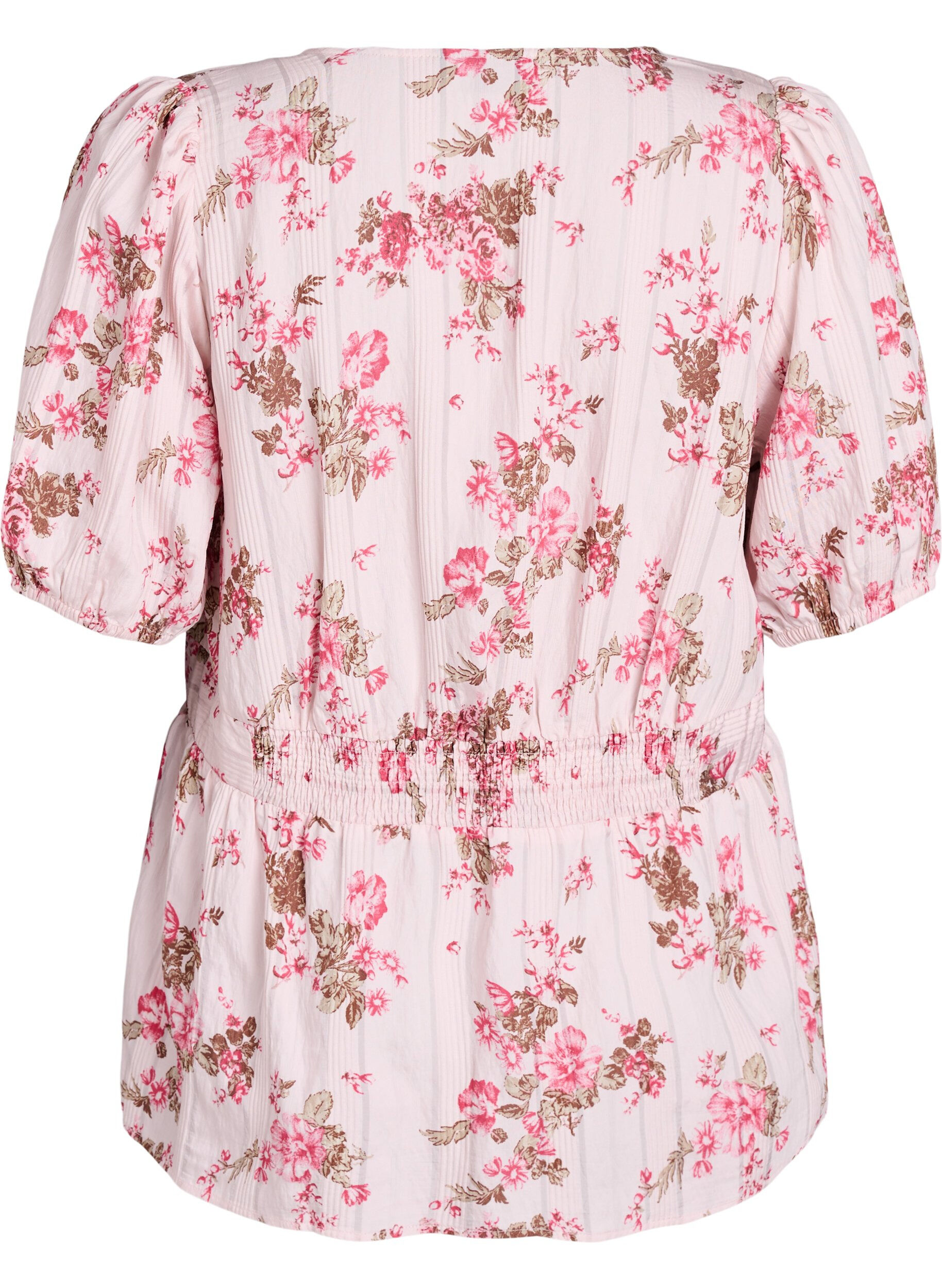 Zizzi Bluse med blomsterprint, korte ermer og smocket midje, Rosa, Packshot image number 1