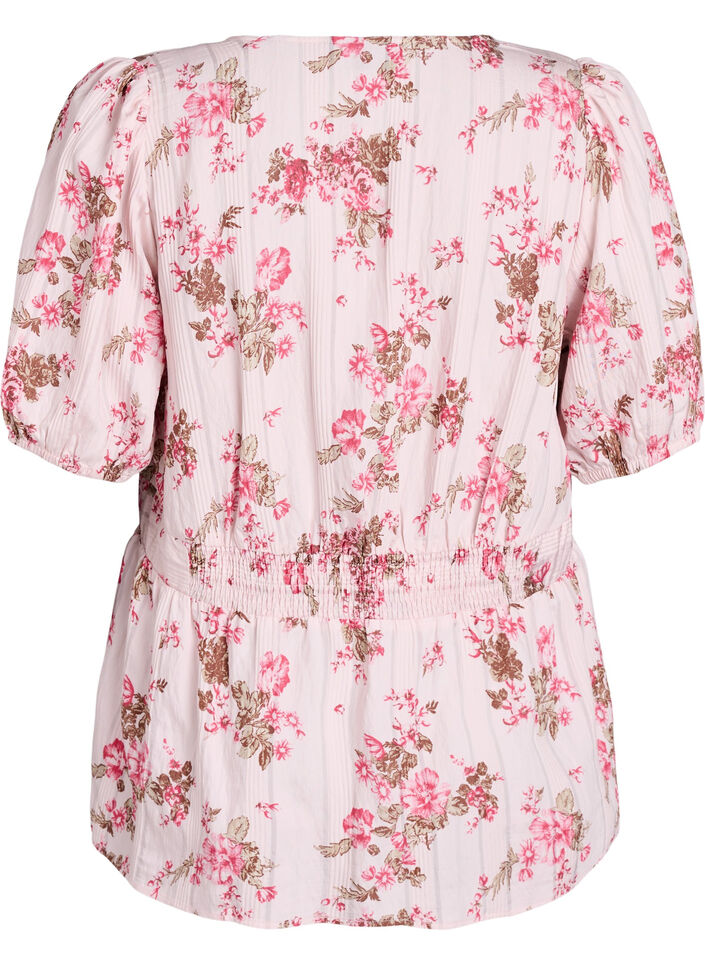 Bluse med blomsterprint, korte ermer og smocket midje, Rosa, Packshot image number 1