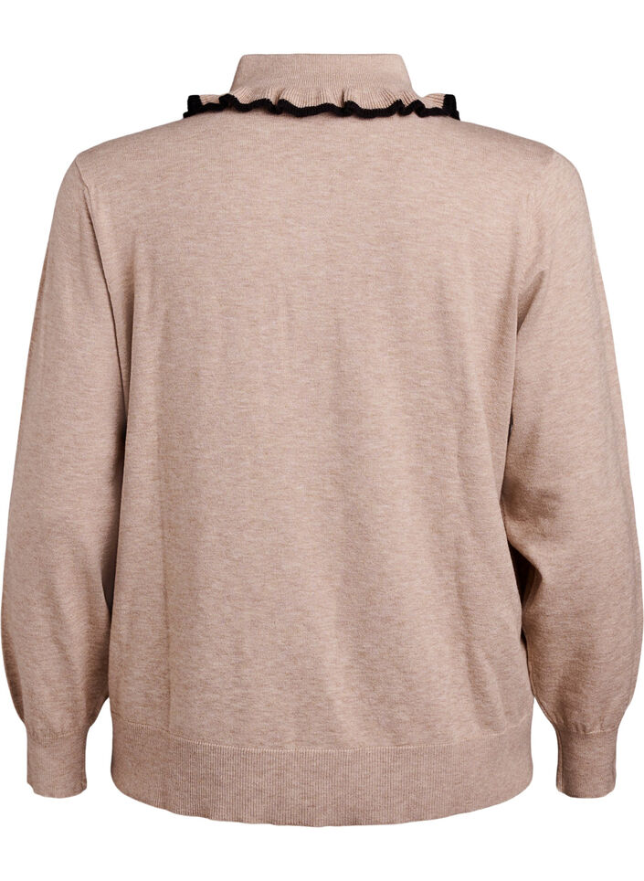 Strikkebluse med krage og kontrastvolang, Beige, Packshot