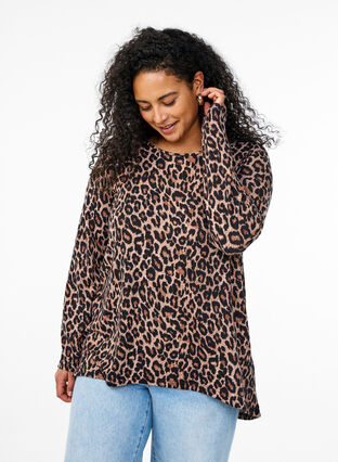 Zizzi Mønstret bluse med lange ermer, Brun, Model image number 0