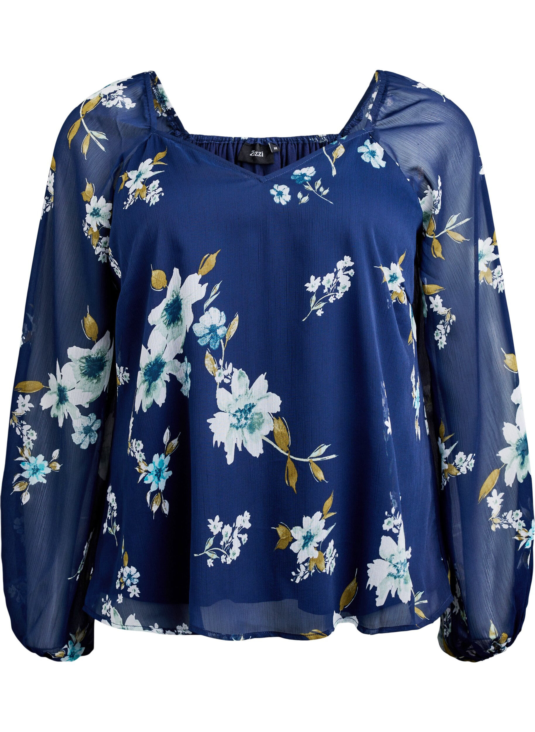 ZizziChiffonbluse med blomstertrykk og lange ermer, Bl&aring;, Packshot image number 0