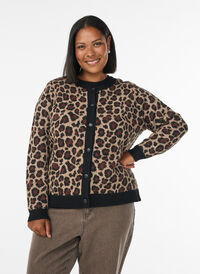 Cardigan med leopardmønster og kontrastkant, Svart Cardigan med leopardmønster og kontrastkant, Svart, Model