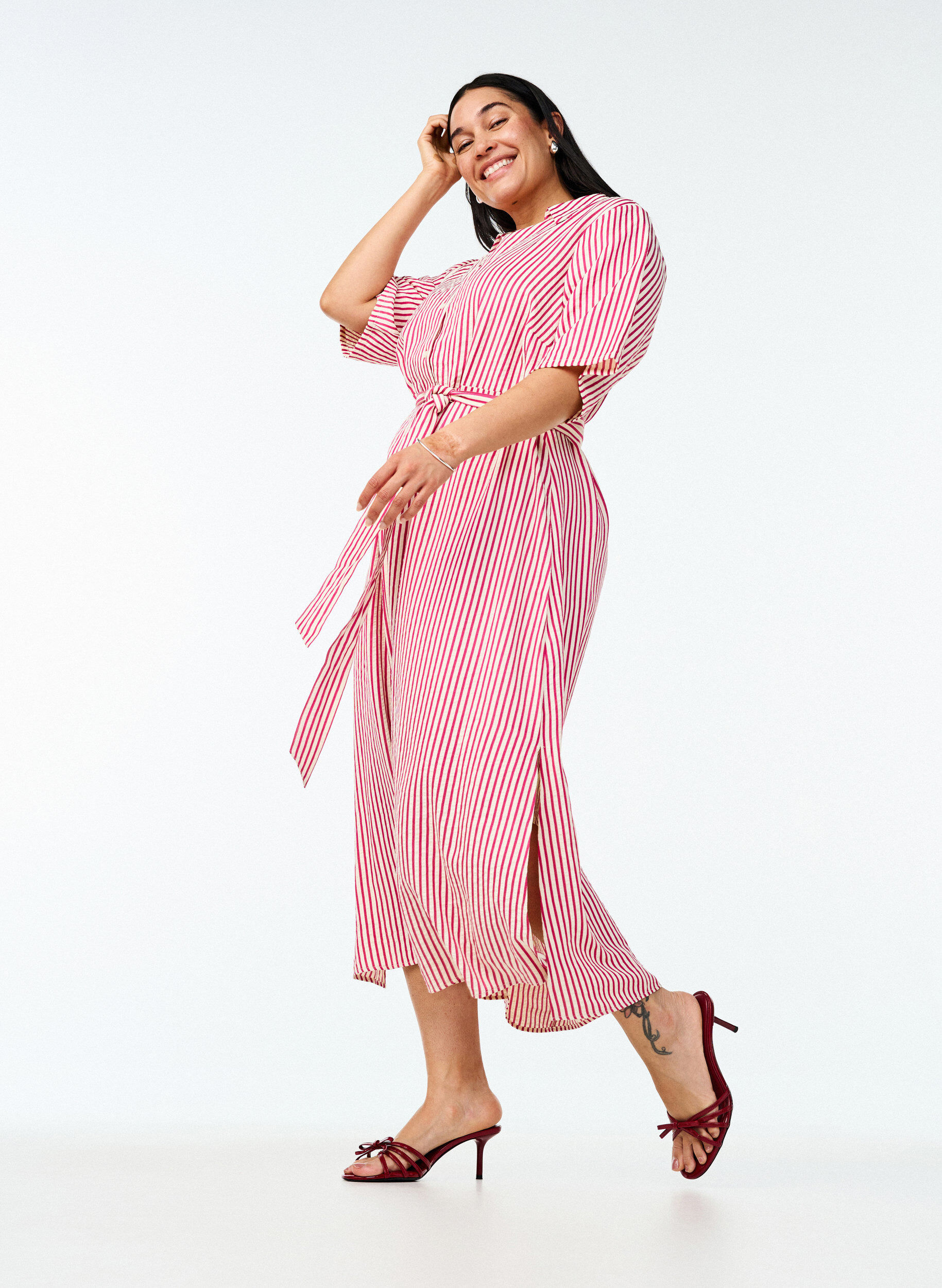 ZizziSkjortekjole i ankellengde med bindebelte og striper, Rosa, Image image number 0