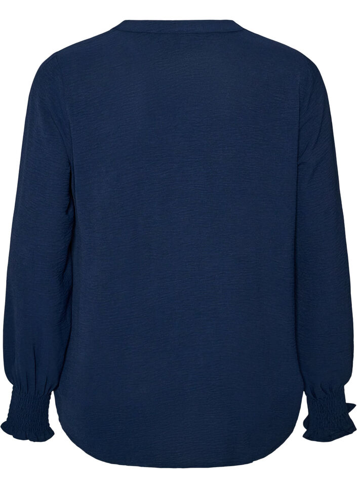 Bluse med smockmansjetter og V-hals, Bl&aring;, Packshot image number 1