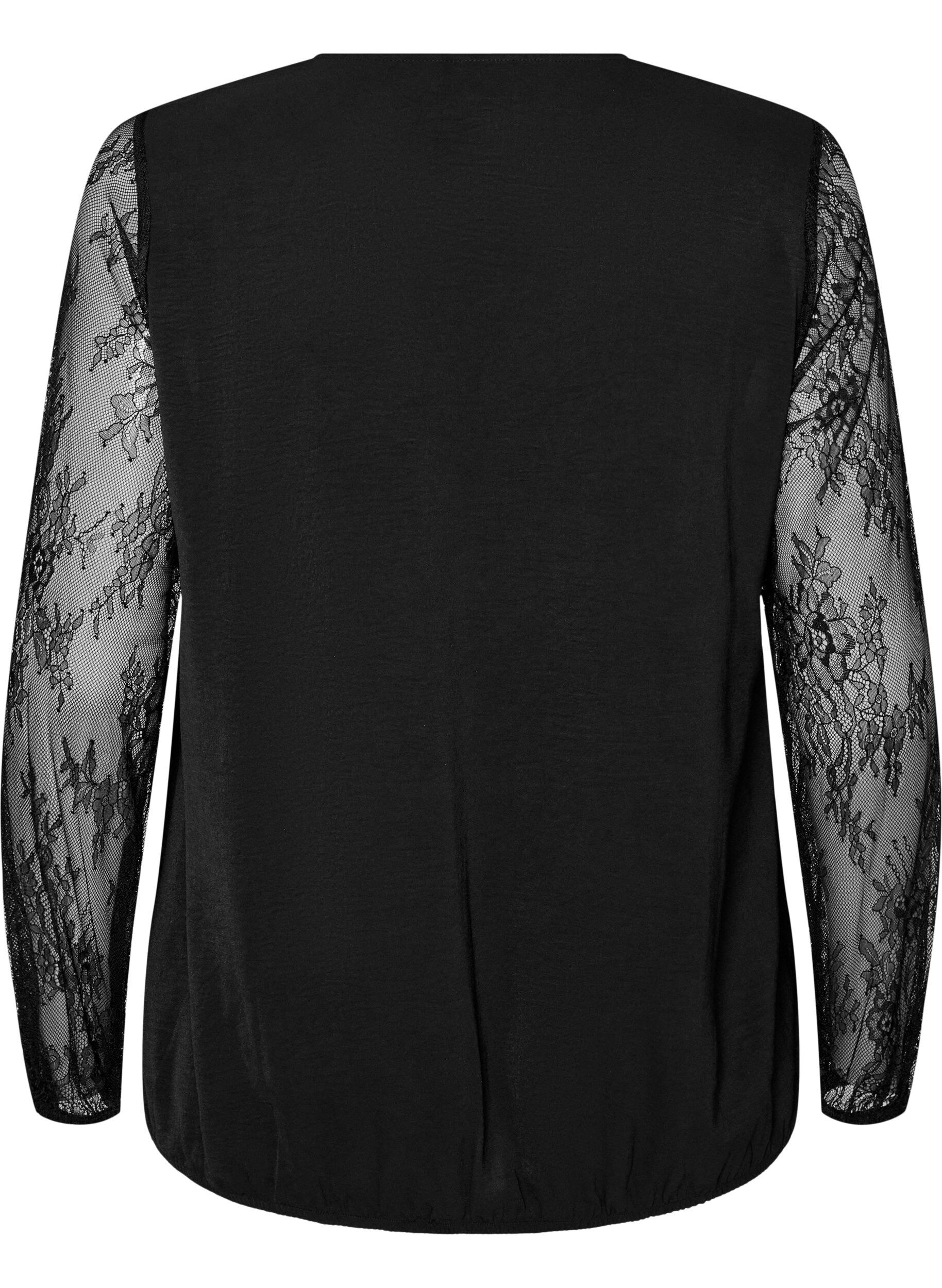 ZizziBluse med ballongermer i blonder, Svart, Packshot image number 1