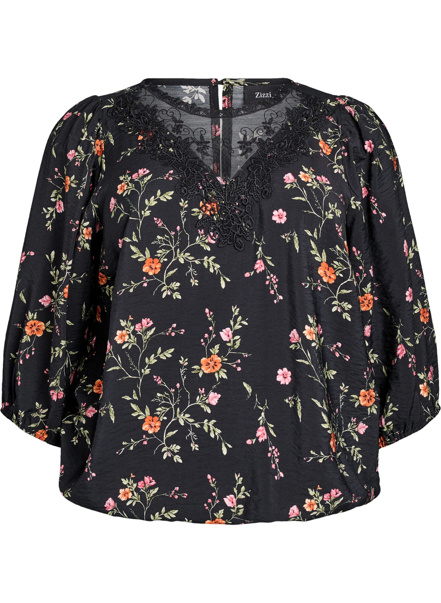 ZizziBluse med 3/4 ermer og blondedetaljer, Svart, Packshot image number 0