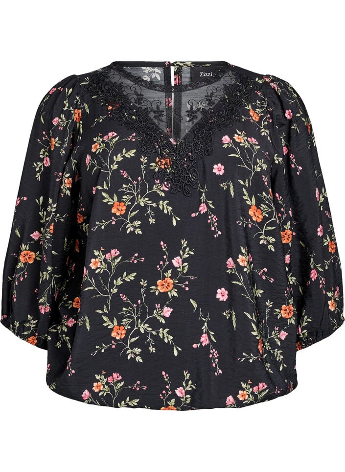 Bluse med 3/4 ermer og blondedetaljer, Svart, Packshot image number 0