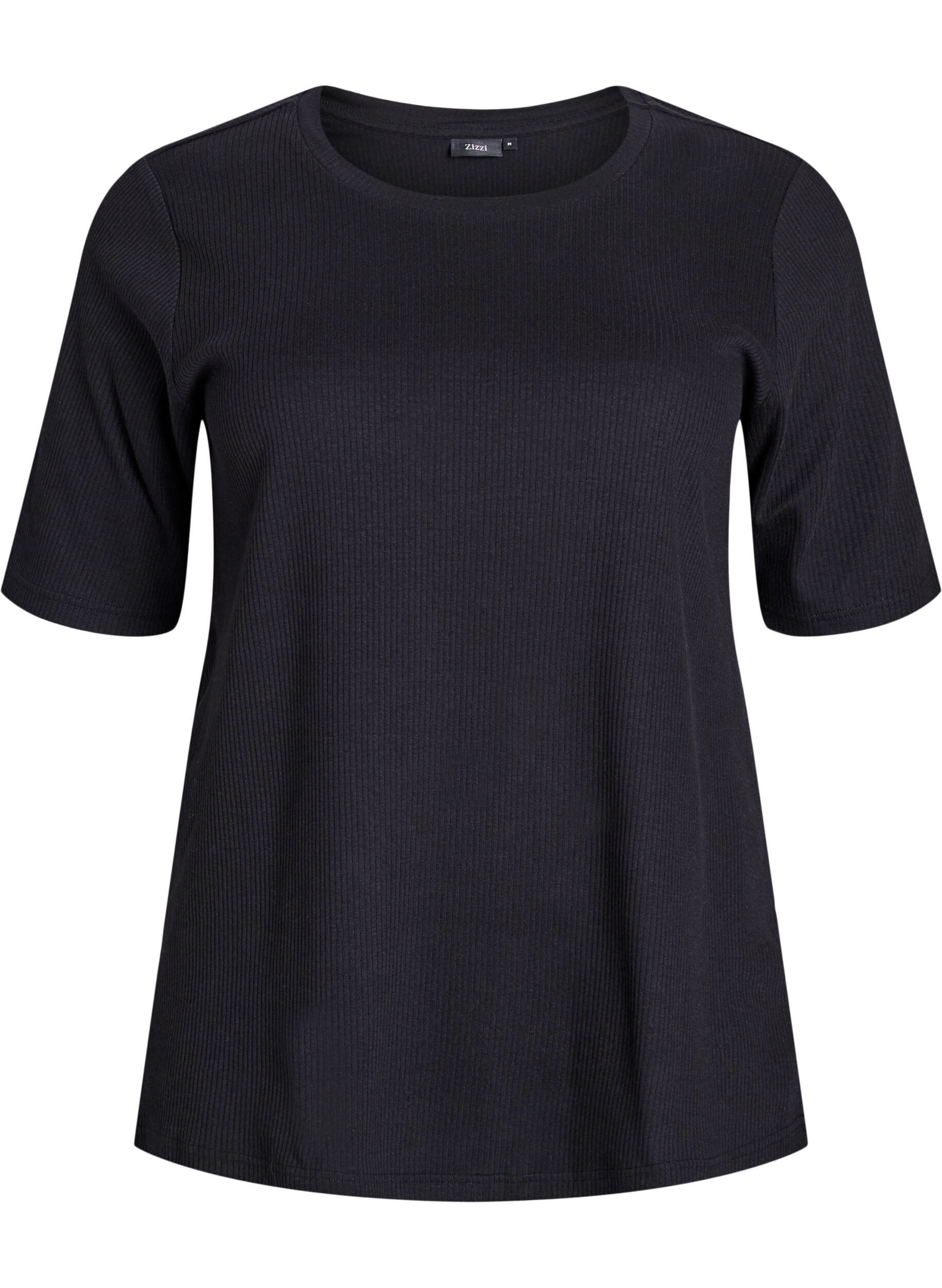 ZizziRibbestrikket jerseybluse med korte ermer, Svart, Packshot image number 0